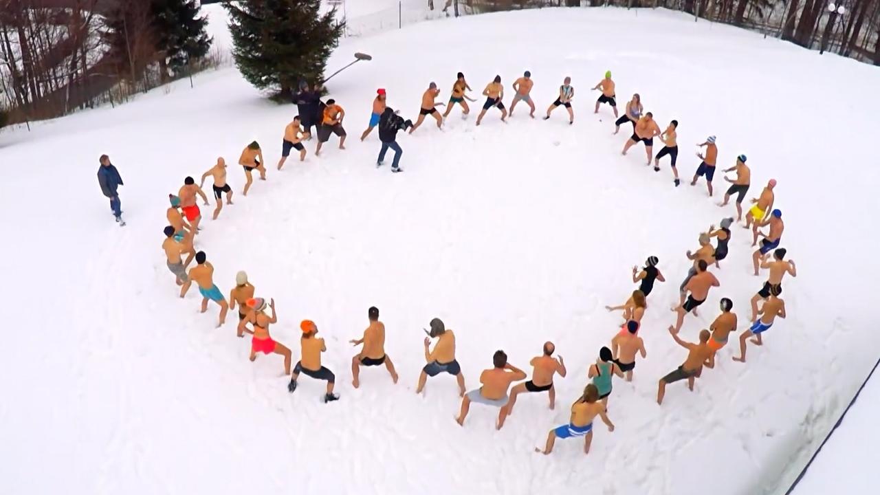 The followers of the ‘Iceman’s methods often do a group warm-up of shouting and chanting to prepare for the cold waters.