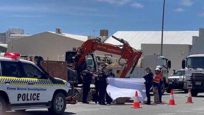 Police at the SA Water excavation in Port Lincoln’s CBD. Picture: Spencer Gulf Nightly News