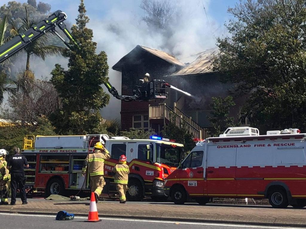 Nine fire crews and an ambulance were called to the fire on Breakfast Creek Rd at Newstead about 11.30am.