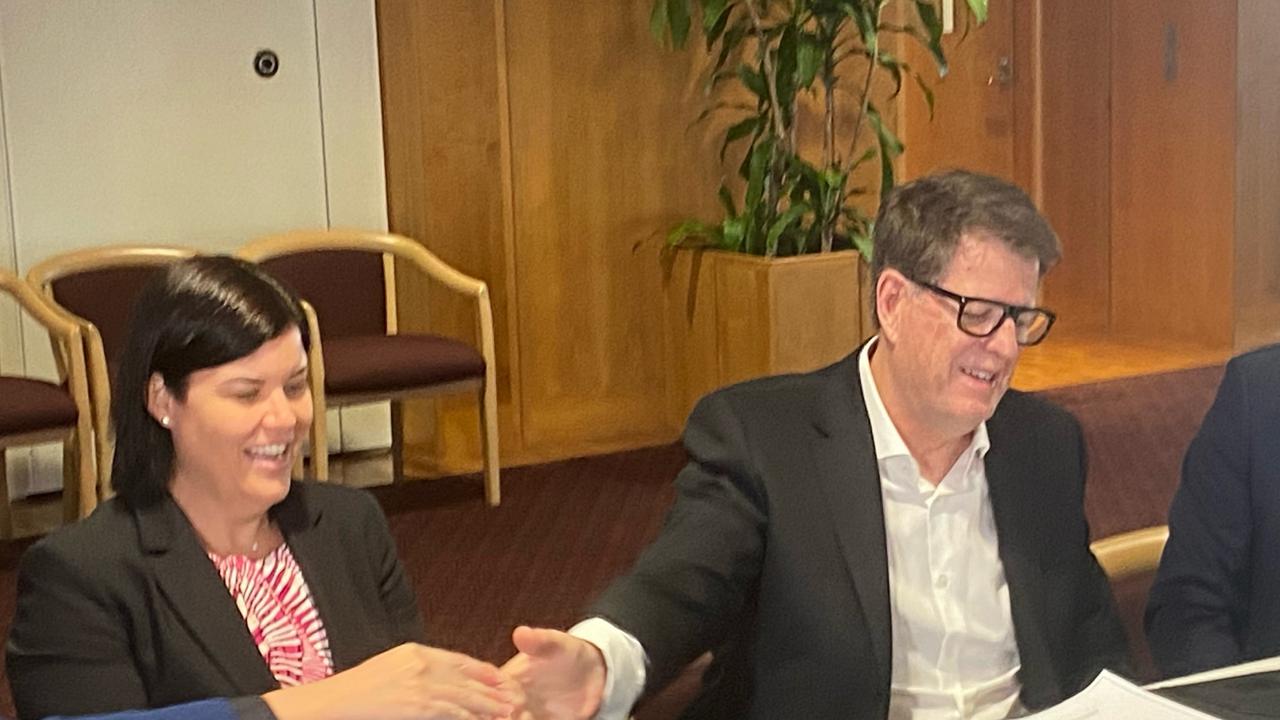 Former chief minister Natasha Fyles and Avenira executive chairman Brett Clark were all smiles at a 2023 signing ceremony.