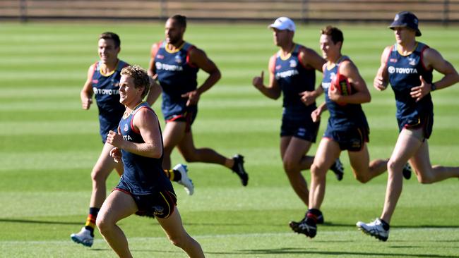 Rory Sloane leads from the front during the Adelaide Crows first training session for the year at Thebarton Oval on Monday. Picture: AAP Image/Mark Brake