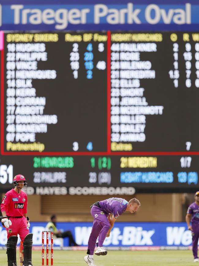 Riley Meredith bowls during the Big Bash League match between the Hobart Hurricanes and the Sydney Sixers at Traeger Park in Alice Springs. Picture: DARRIAN TRAYNOR/GETTY IMAGES