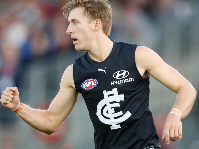 MELBOURNE, AUSTRALIA - MARCH 08: Will Setterfield of the Blues celebrates a goal during the 2020 Marsh Community Series match between the Carlton Blues and the Brisbane Lions at Ikon Park on March 08, 2020 in Melbourne, Australia. (Photo by Michael Willson/AFL Photos via Getty Images)