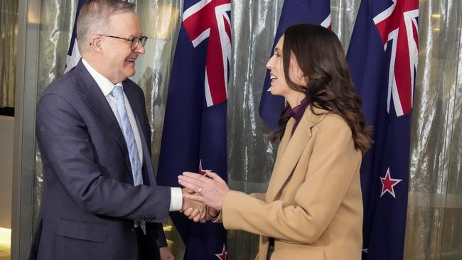 Australian Prime Minister Anthony Albanese greets his New Zealand counterpart Jacinda Ardern ahead of a bilateral meeting on Friday. Ms Ardern was the first foreign leader to be hosted by Australia's new government. Picture: Mark Bake/Getty Images