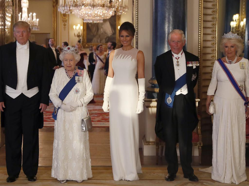 President Trump with the Queen, First Lady, Prince Charles and the Duchess of Cornwall. Picture: AP Photo/Alastair Grant, Pool.