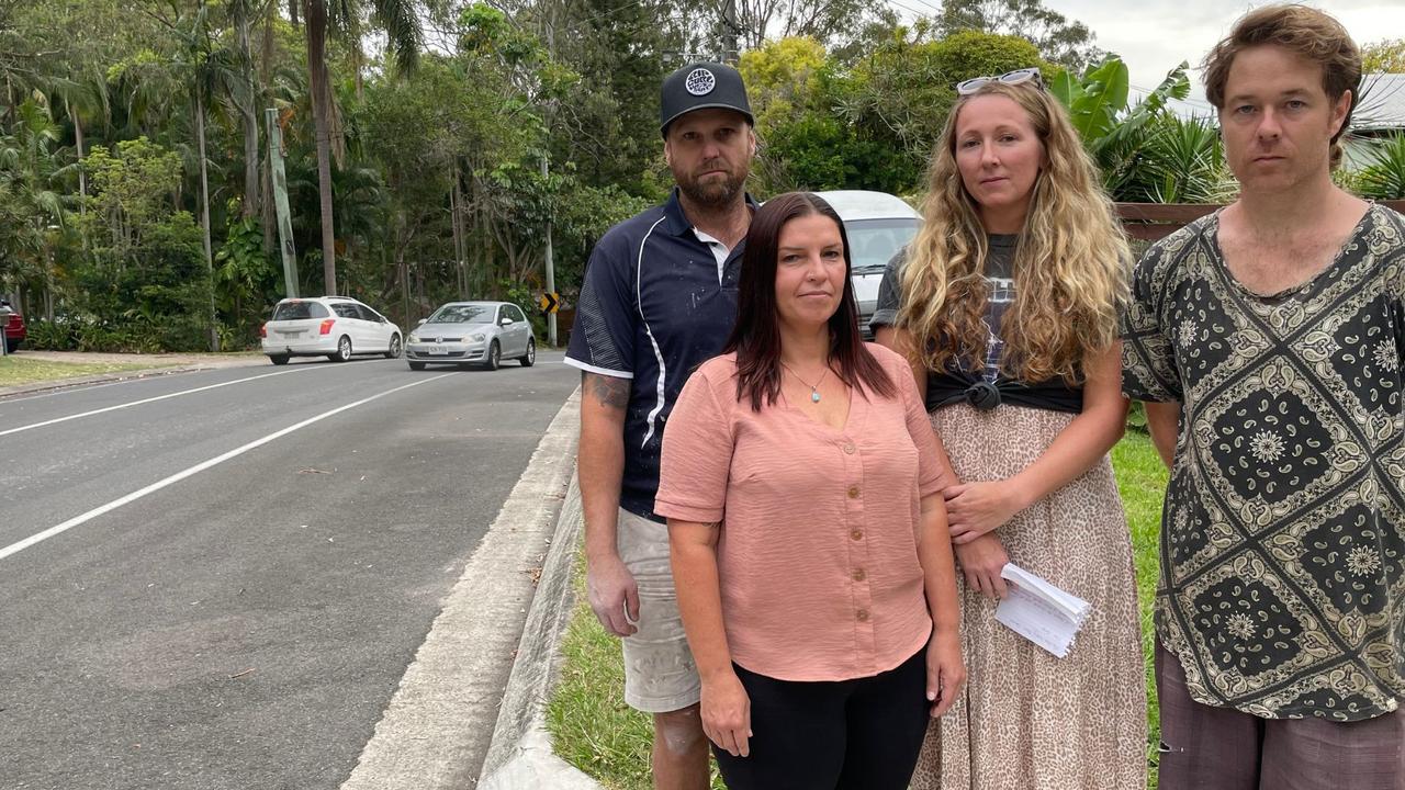 Neighbours Aaron Lello, Lauren Kertland, Raina O’Brien and Rich Schroder are all afraid of departing their driveways on Toolga St in Coolum Beach.