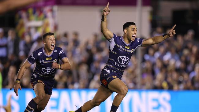 Valentine Holmes of the Cowboys celebrates kicking the winning field goal in golden-point time during the NRL Qualifying Final match between the Cronulla Sharks and the North Queensland Cowboys at PointsBet Stadium on September 10, 2022 in Sydney, Australia. Picture: Mark Kolbe/Getty Images