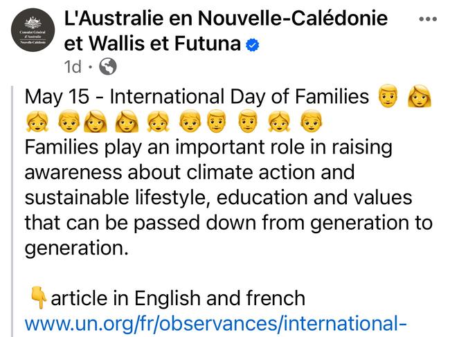 Australians trapped in New Caledonia were unimpressed by this post from embassy amidst the State of Emergency. Picture: Facebook.