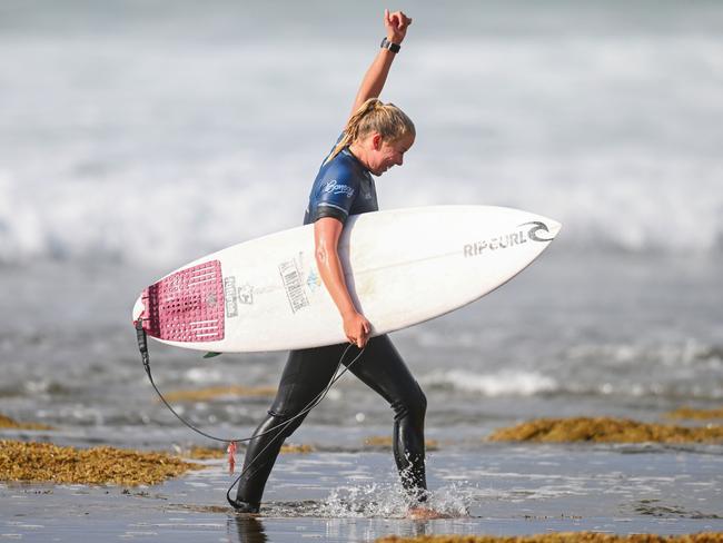 BELLS BEACH, AUSTRALIA - MARCH 27: Wildcard entrant, Ellie Harrison of Australia reacts after winning their way through to the quarter finals during the 2024 Rip Curl Pro Bells Beach on March 27, 2024 in Winkipop, Australia.  (Photo by Morgan Hancock/Getty Images) *** BESTPIX ***