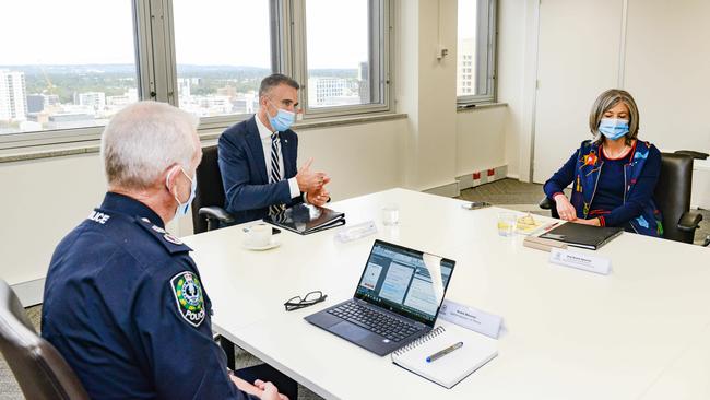 Premier Peter Malinauskas chairs the first Emergency Management Council Cabinet Sub-Committee meeting with SA Police Commissioner Grant Stevens and SA chief public health officer Professor Nicola Spurrier in the Cabinet Room in March last year. Picture: NCA NewsWire / Brenton Edwards