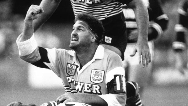 FILE PIC Mar 1988 Greg Dowling celebrates Broncos first try by Brett Le Man against Manly at Lang/Park. headshot sport rugby league action gene miles in background. 35/P/8299 FRAME 4