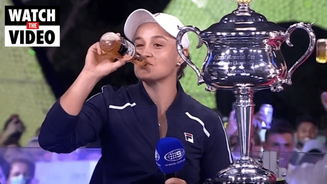 Ash Barty celebrates Australian Open win with a beer (Wide World of Sports)