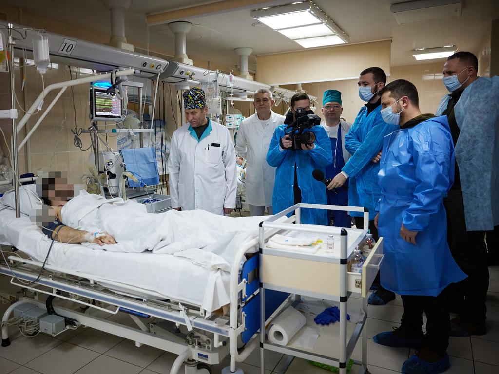 Mr Zelenskyy made a visit to the hospital to award troops with orders and medals for courage and dedication. Picture: Handout / UKRAINIAN PRESIDENTIAL PRESS SERVICE / AFP