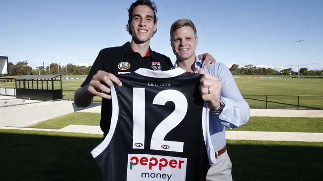 Max King with Nick Riewoldt as he inherits the famous No.12 guernsey at St Kilda. Picture: David Caird