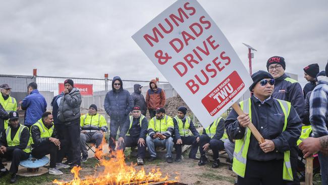 Bus drivers strike at the Wyndham depot in Truganina today. Picture: AAP Image/Wayne Taylor