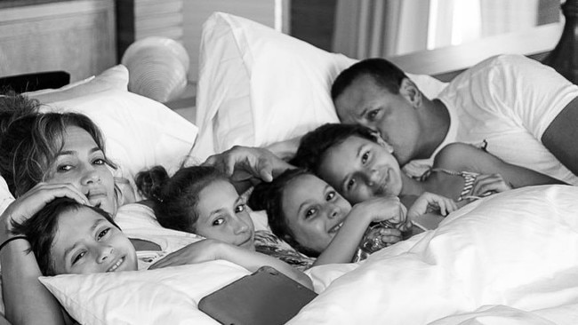 Alex Rodriguez shared this photo of him in bed with Jennifer Lopez and their blended family. Picture: Instagram