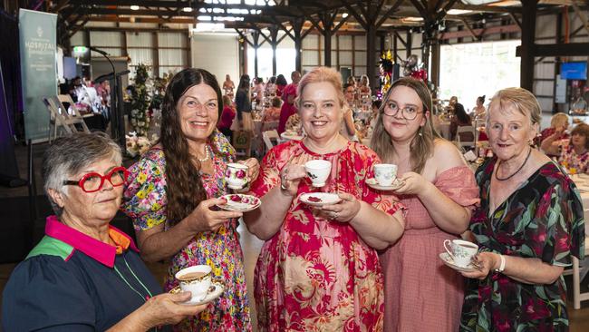 At the Pink High Tea are (from left) Sally May, Anita Bolton, Linda Lester, Lauren Lester and Elvee Brisabane. Linda supplied the tea cups and silverware for Toowoomba Hospital Foundation fundraiser at The Goods Shed, Saturday, October 12, 2024. Picture: Kevin Farmer