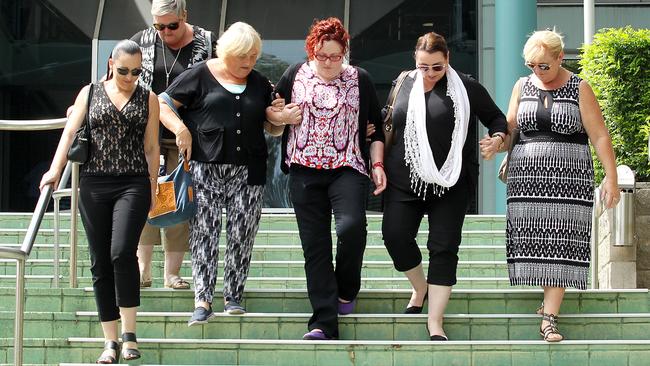 Crash victim Kristyn Rourke (centre) with family and friends leaving Gosford Court after Kayden Lawson was sentenced to 2.5 years. Picture: Mark Scott