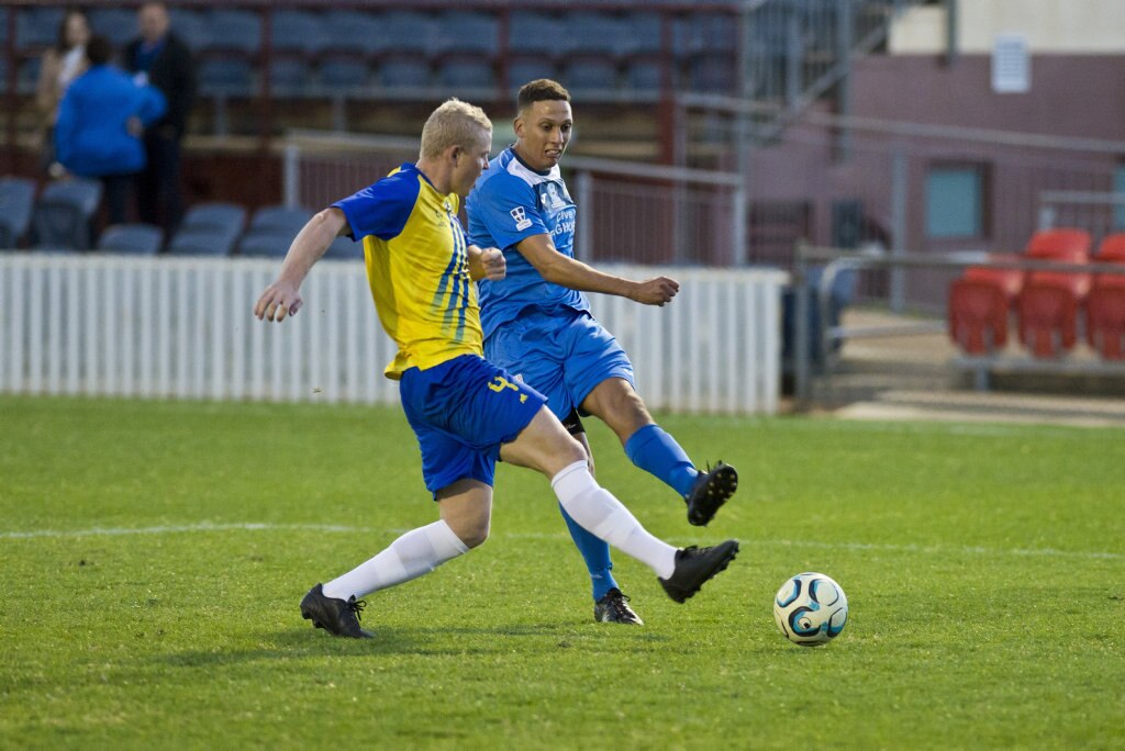 Travis Cooper opens up the scoring for South West Queensland Thunder against Brisbane Strikers in NPL Queensland men round 17 football at Clive Berghofer Stadium, Saturday, June 16, 2018. Picture: Kevin Farmer