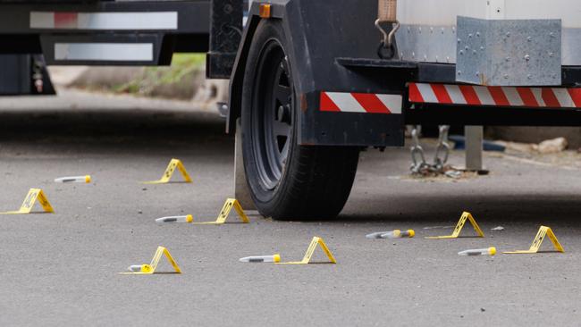 Bullet casings litter the ground in Mount Druit after a drive-by shooting. Picture: Max Mason-Hubers