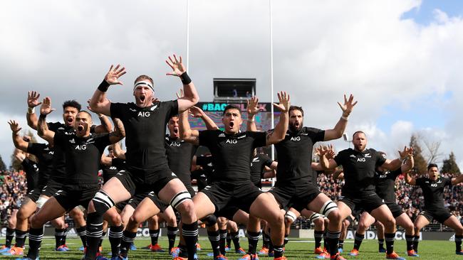 The All Blacks perform the haka ahead of the rugby Test Match between the New Zealand All Blacks and Tonga at FMG Stadium on September 7.