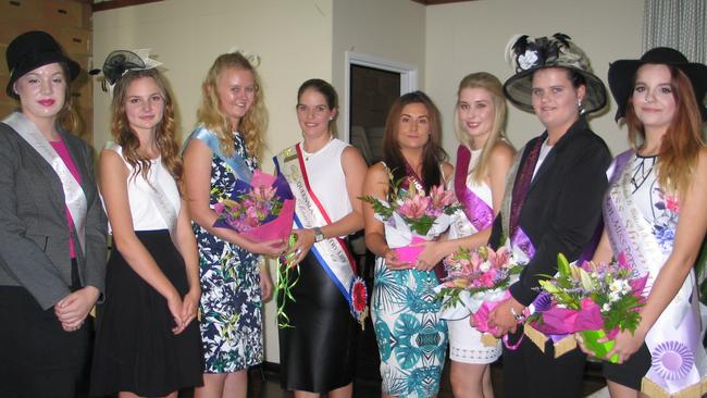 Junior Ambassador entrant Sophie Hall, Vanessa McIntyre, Lucy Kinbacher accepts her bouquet from Queensland Miss Showgirl Sophie Hughes while Biggenden Miss Showgirl 2014 Taliah Faint With Biggenden Miss Showgirl 2015 Samantha Olsen, runner up Fiona Gethings and Miss Personalisty Cooper -Anne Fotheringham at Saturday's judging. Photo Erica Murree / Central & North Burnett Times