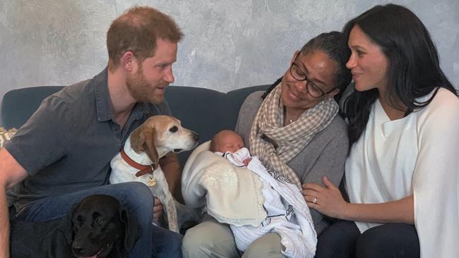 Prince Harry, Meghan Markle and Doria Ragland with baby Archie. Picture: Netflix