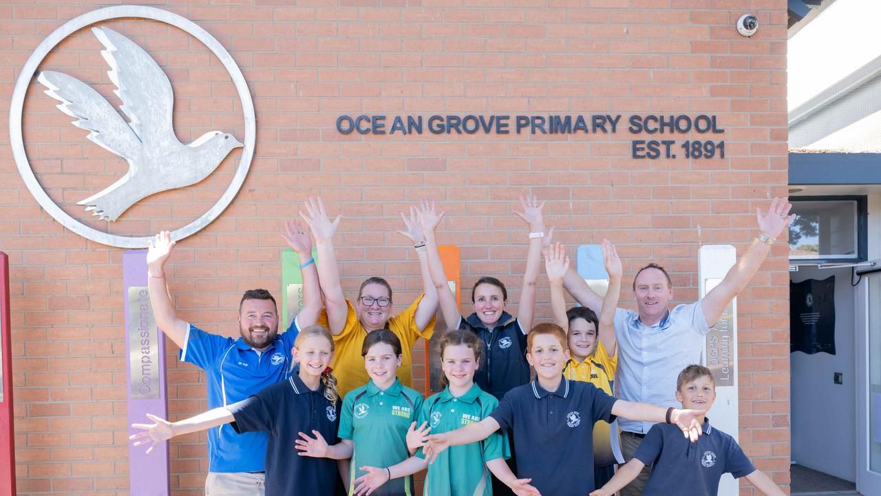 Ocean Grove Primary School. Pictured is Cory Connor, Cindy Murphy, Nikki Keating, Scott McCumber and students Eden Kempinger, Esther Polgar, Flo Polgar, Elias Codd, James Kent, and Asher Codd. Picture: Phil Yeo