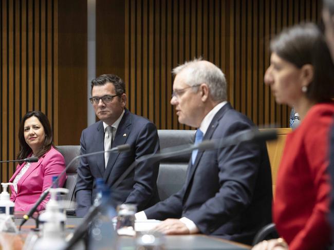 Prime Minister Scott Morrison with L-R: QLD Premier Annastacia Palaszczuk, Victorian Premier Daniel Andrews, NSW Premier Gladys Berejiklian. Picture: NCA NewsWire / Gary Ramage