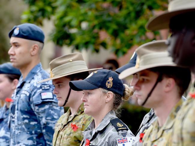 ADELAIDE, AUSTRALIA - NewsWire Photos NOVEMBER 6, 2020:  Defence personnel at the Dardanelles Memorial during the wreath laying, a part of Legacy's annual Remembrance Walk which took place this morning. It started and finished at the Torrens Parade Ground.Around 200 people attended the 1.5km walk to pay tribute to the service and sacrifice of service personnel both past and present who gave their lives serving Australia during war or peace keeping and to remember the families left behind.  Picture: NCA NewsWire / Naomi Jellicoe