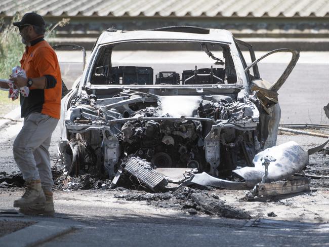 A burnt-out white Porsche in Reservoir. Picture: Tony Gough