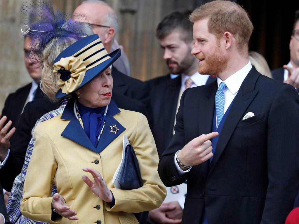 Britain's Prince Harry, Duke of Sussex (2R) talks with his aunt, Britain's Princess Anne, Princess Royal, as they leave St George's Chapel. Picture: AFP