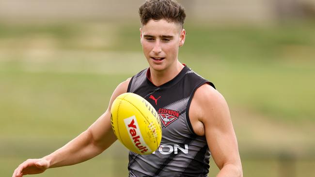 MELBOURNE, AUSTRALIA - JANUARY 16: Elijah Tsatas of the Bombers in action during the Essendon Bombers AFL training session at The Hangar on January 16, 2025 in Melbourne, Australia. (Photo by Michael Willson/AFL Photos via Getty Images)