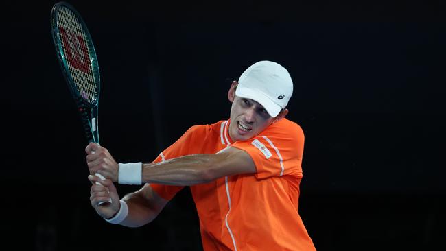 Alex de Minaur survived a scare against Milos Raonic on Rod Laver Arena Picture: David Caird