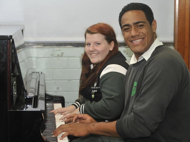 Rachel Small duets with Jordan Mailata at Condell High School way back in when he was 15. Picture: News Corp