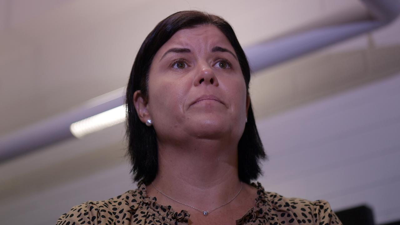 Rare moment of emotion from Chief Minister Natasha Fyles after almost four weeks of questions on Alice Springs response. Picture: (A)manda Parkinson