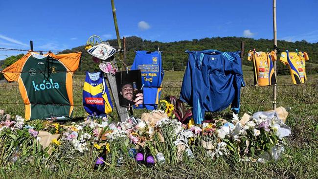 A memorial for 22-year-old Tim Watkins who was killed in a hit and run incident in Mullumbimby. Picture: Marc Stapelberg