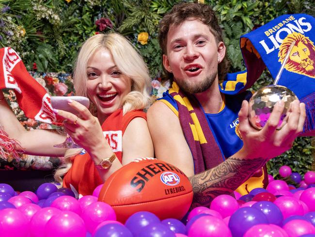 September 26, 2024: Maria Nishabourian and Jacy Gibson having fun at Ballers Clubhouse getting ready to Watch AFL Grand Final Picture: Kelly Barnes