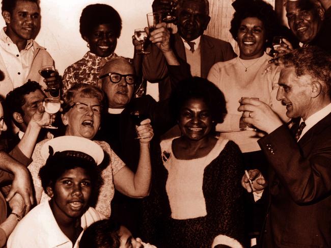 Aboriginal activist Dr Faith Bandler (C) with both Aboriginal and white supporters during 1967 referendum celebrations, as aborigines entitled and obliged to register to vote in elections on same basis as all Australians.