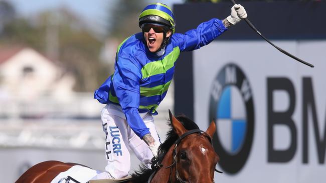 Nick Hall celebrates Jameka’s dominant Caulfield Cup victory. Picture: Getty Images