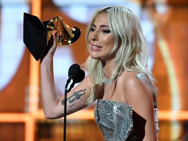 Lady Gaga accepts the award for Best Pop Duo/Group Performance with "Shallow" during the 61st Annual Grammy Awards. Picture: AFP