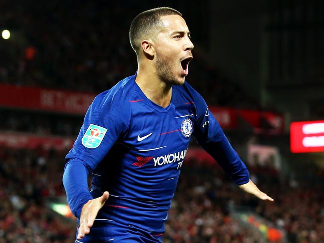 LIVERPOOL, ENGLAND - SEPTEMBER 26:  Eden Hazard of Chelsea celebrates after he scores his sides second goal during the Carabao Cup Third Round match between Liverpool and Chelsea at Anfield on September 26, 2018 in Liverpool, England.  (Photo by Jan Kruger/Getty Images)