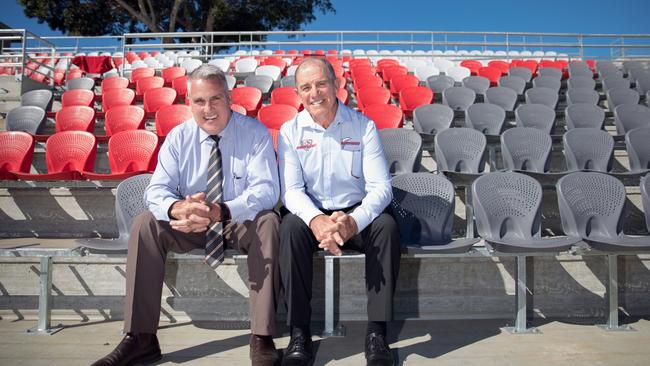 Redcliffe Dolphins' chief executive Tony Murphy and chairman Bob Jones in the new grandstand. Photo: Dominika Lis