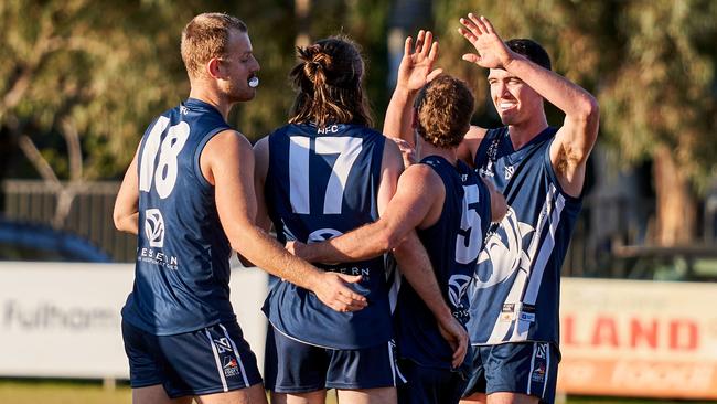 Henley’s Jackson Smith celebrates a goal against Sacred Heart Old Collegians. Picture: Matt Loxton