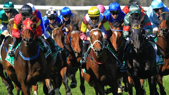 Loving home ridden by Tye Angland  (yellow cap, maroon with yellow armbands) wins race 1 during Scone  Races located in the Upper Hunter Region of NSW. The Bend . Pic Jenny Evans