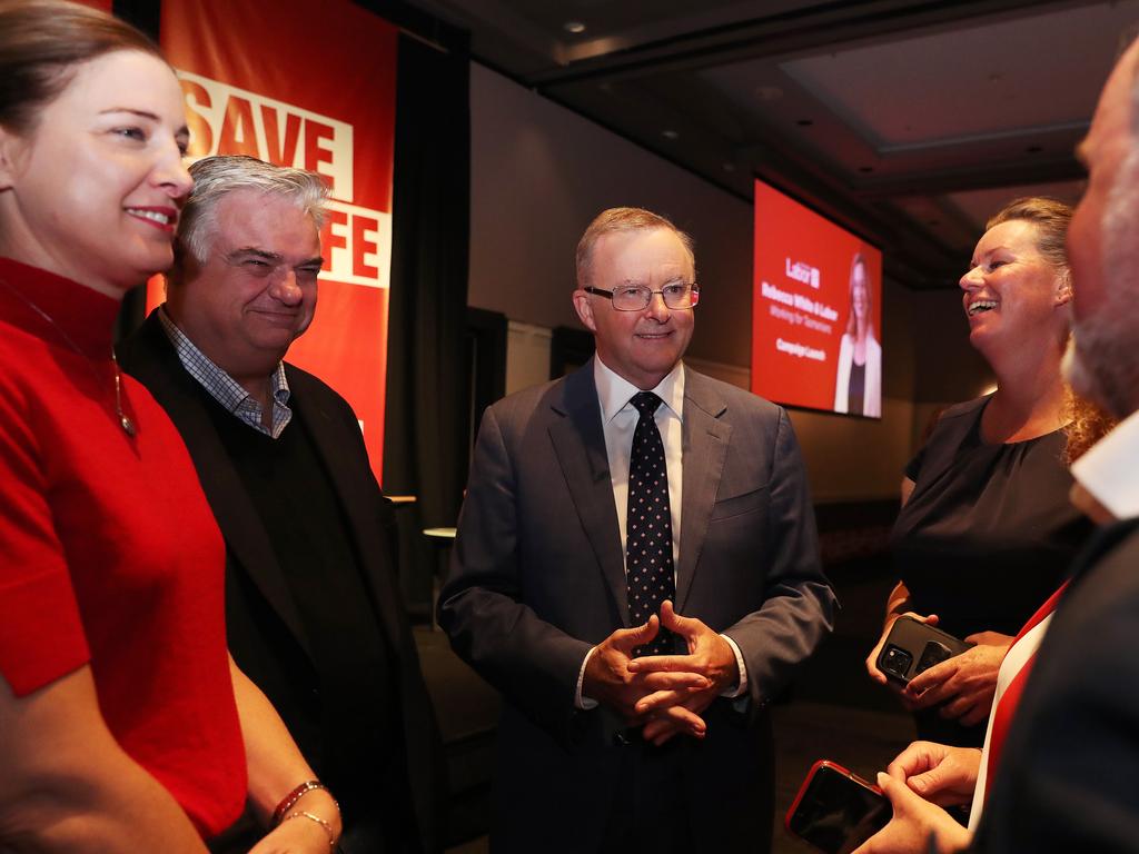 Anthony Albanese Federal Labor leader with Julie Collins member for Franklin, Brian Mitchell member for Lyons, Janie Finlay Labor state member for Bass and state member for Franklin David O'Byrne at Tasmanian Labor’s state election campaign launch at the Hotel Grand Chancellor in 2021. Picture: Nikki Davis-Jones