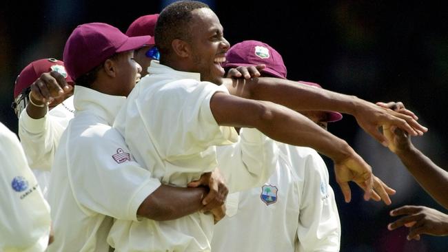 West Indian cricket great Courtney Walsh celebrates a wicket during his career.