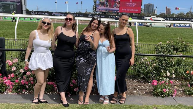 Caoimhe, Nollie, Domenique, Leo and Lilli at the 2024 Crown Oaks Day, held at Flemington Racecourse. Picture: Gemma Scerri