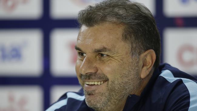 Australia coach Ange Postecoglou gives a press conference at the Olympic Stadium.