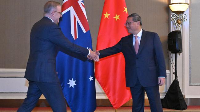 Prime Minister Anthony Albanese meets China’s Premier Li Qiang for a bilateral meeting in Jakarta on the sidelines of the ASEAN Summit in September. Picture: AAP